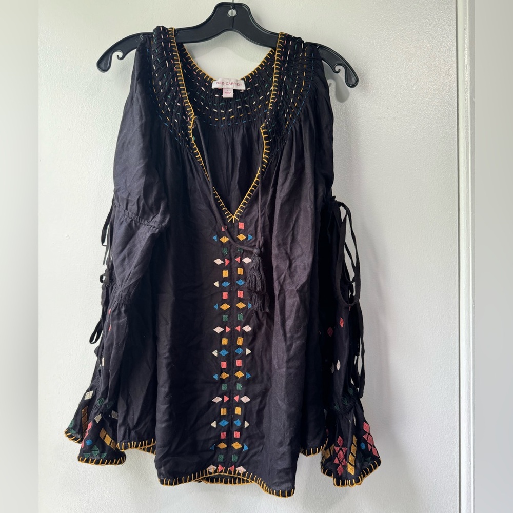 Anthropologie Red Carter Tunic Embroidered Boho Hippie Black Peasant Top Sz L